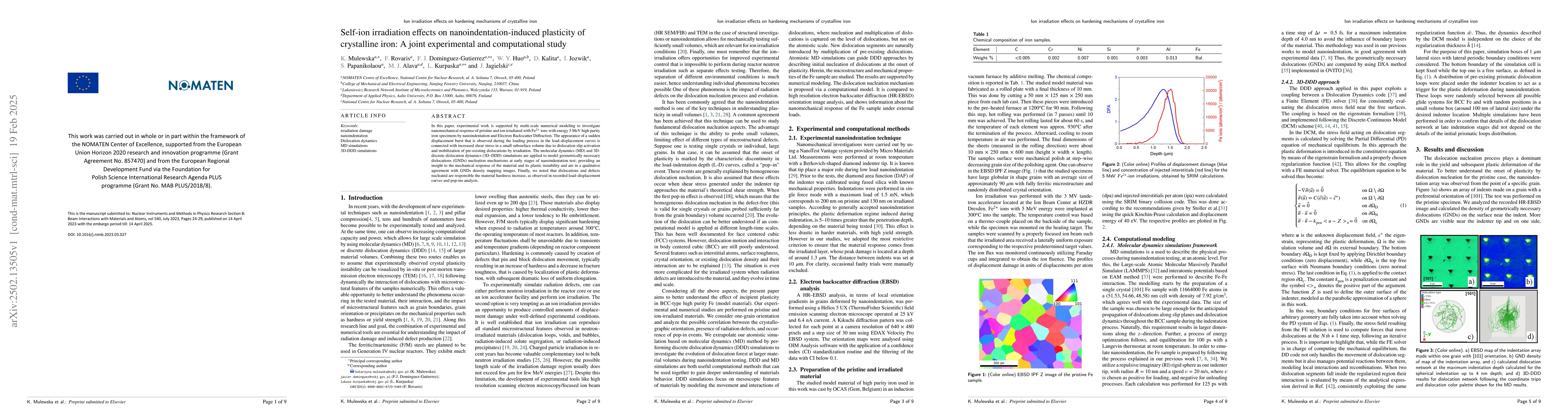 Thumbnail for Self-ion irradiation effects on nanoindentation-induced plasticity of
  crystalline iron: A joint experimental and computational study