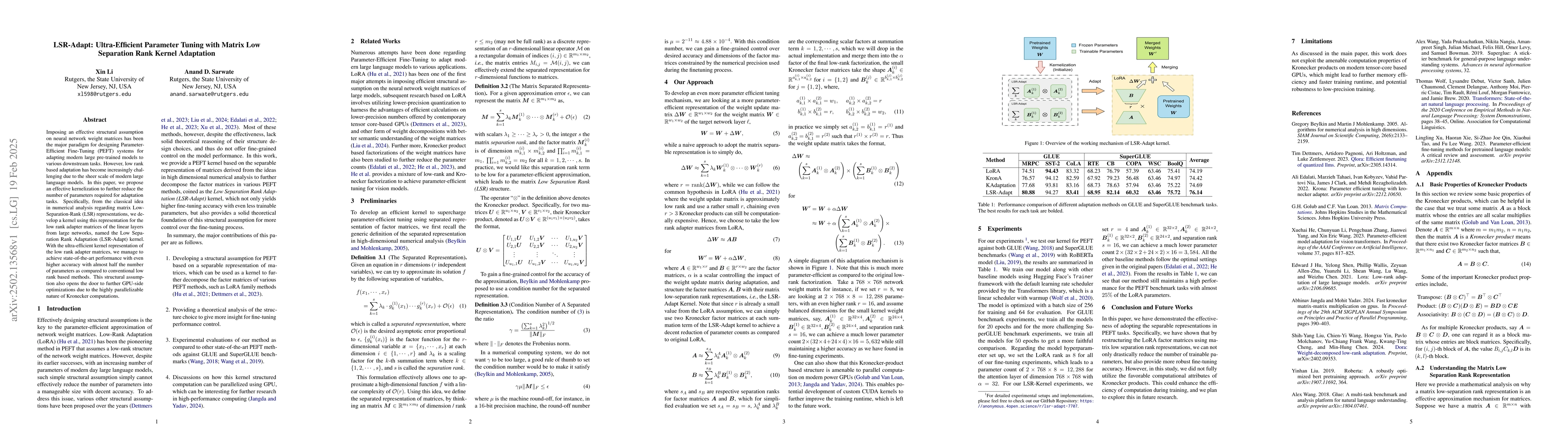 Thumbnail for LSR-Adapt: Ultra-Efficient Parameter Tuning with Matrix Low Separation
  Rank Kernel Adaptation
