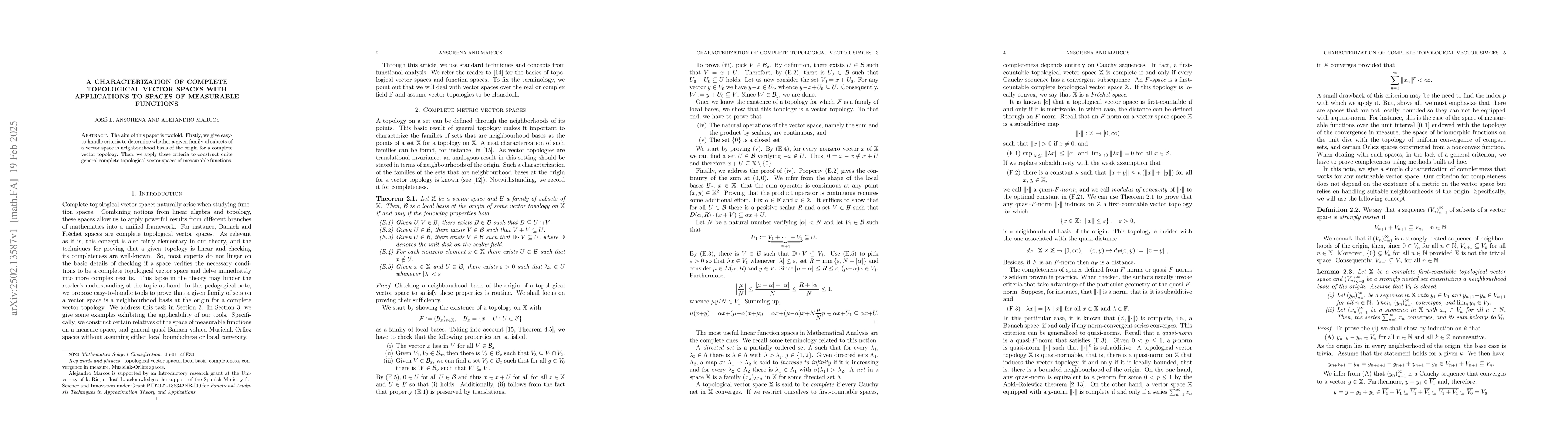 Thumbnail for A characterization of complete topological vector spaces with
  applications to spaces of measurable functions