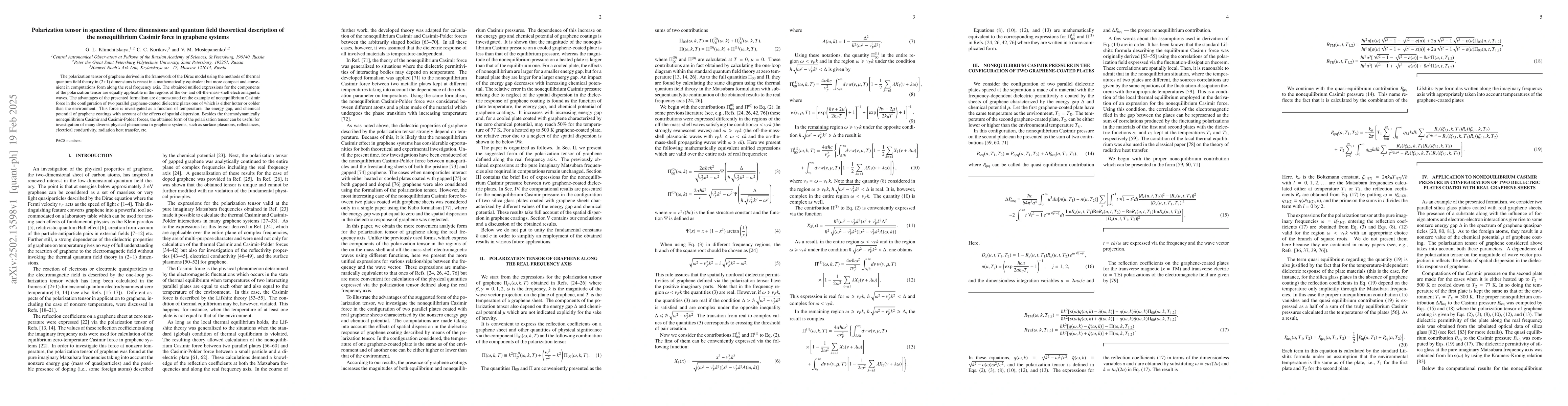 Thumbnail for Polarization tensor in spacetime of three dimensions and quantum field
  theoretical description of the nonequilibrium Casimir force in graphene
  systems