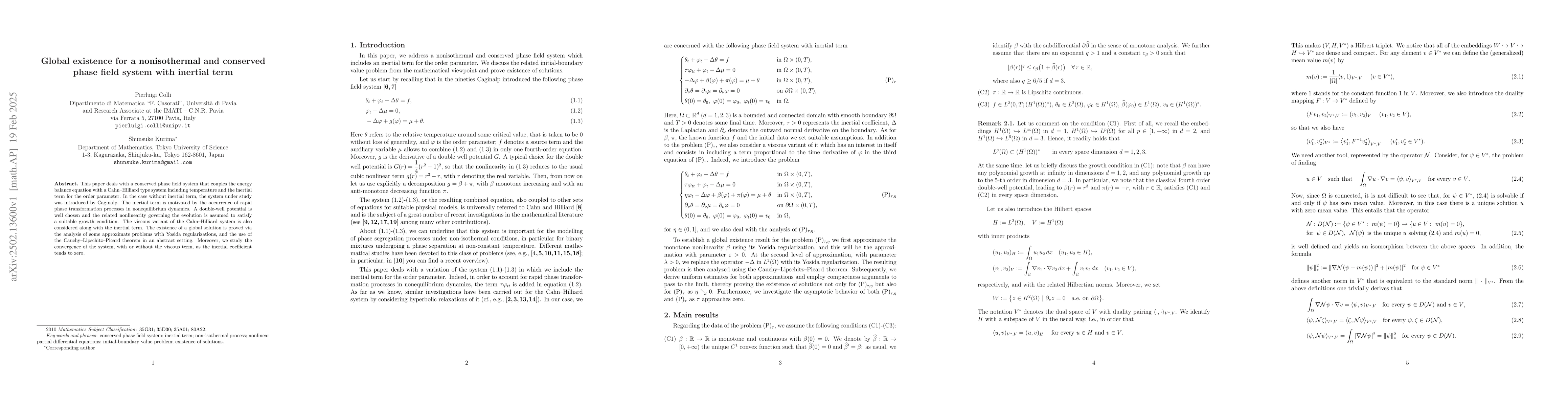 Thumbnail for Global existence for a nonisothermal and conserved phase field system
  with inertial term