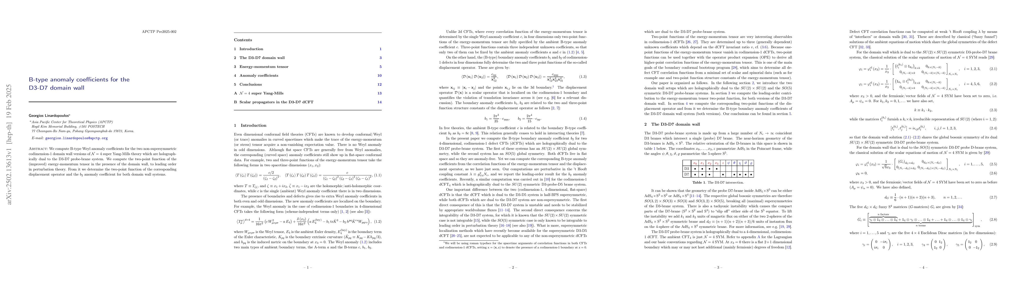 Thumbnail for B-type anomaly coefficients for the D3-D7 domain wall