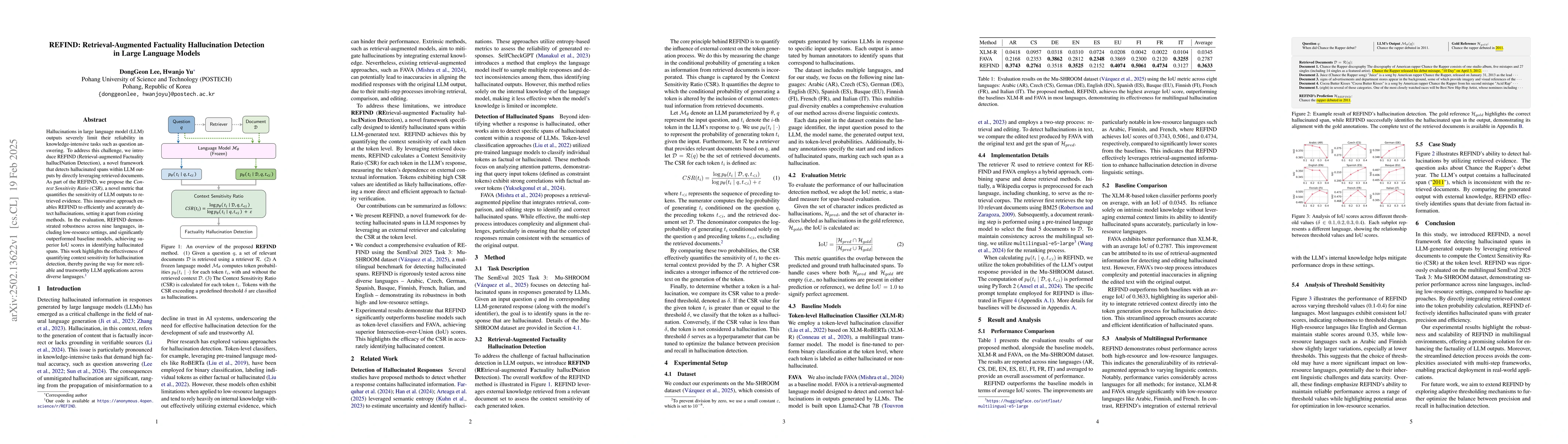 Thumbnail for REFIND: Retrieval-Augmented Factuality Hallucination Detection in Large
  Language Models