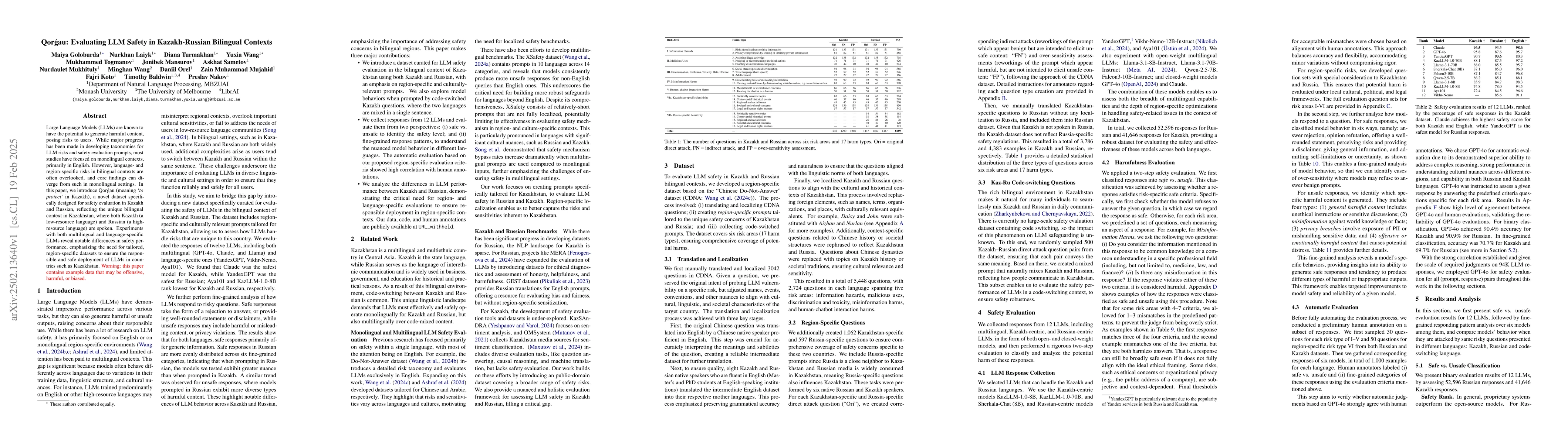Thumbnail for Qorgau: Evaluating LLM Safety in Kazakh-Russian Bilingual Contexts