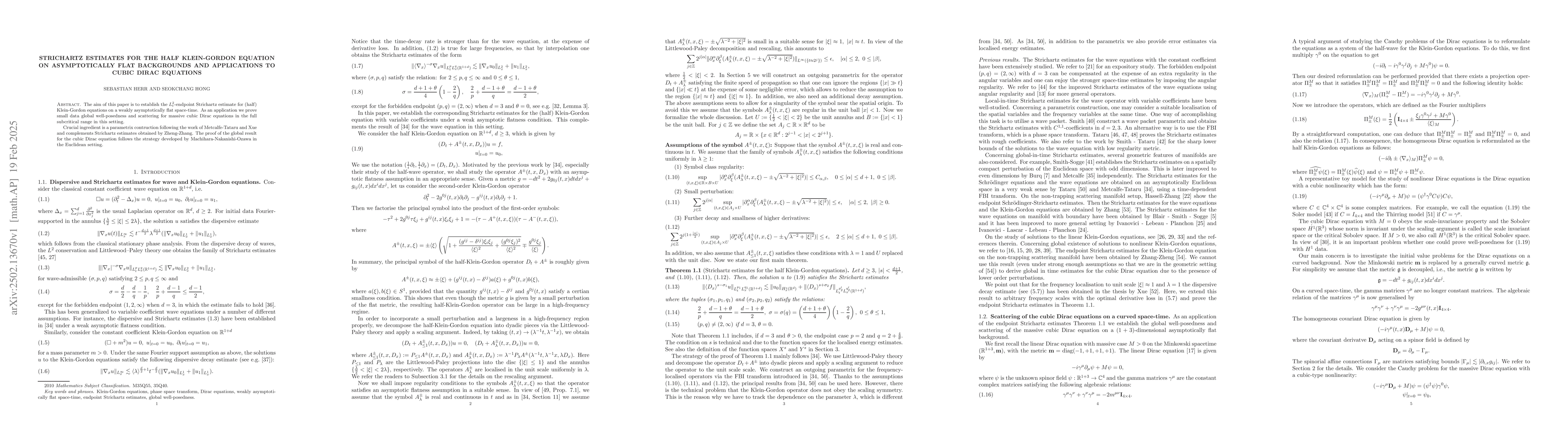 Thumbnail for Strichartz estimates for the half Klein-Gordon equation on
  asymptotically flat backgrounds and applications to cubic Dirac equations