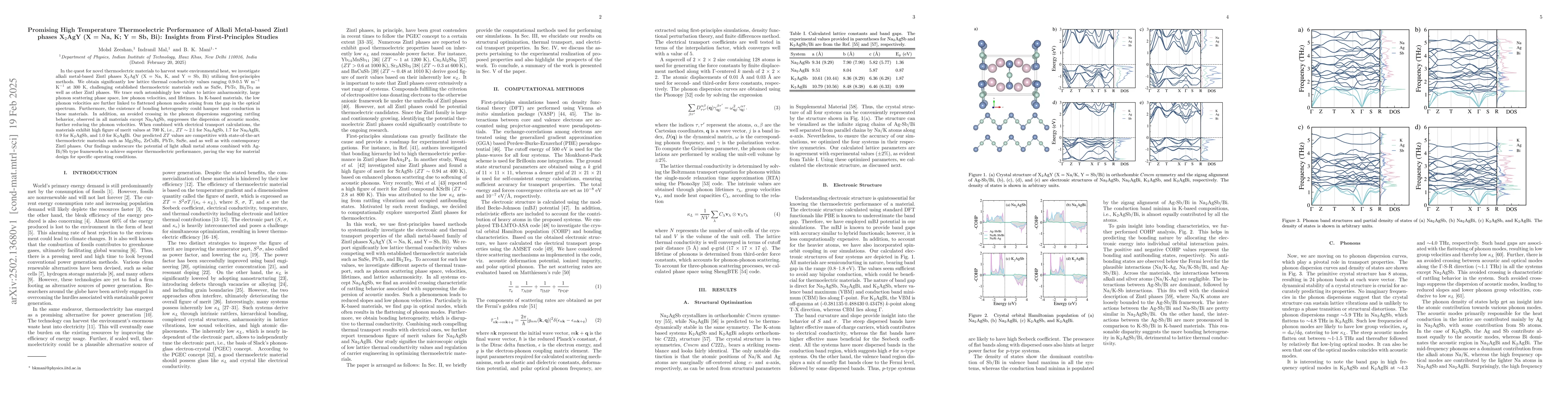 Thumbnail for Promising High Temperature Thermoelectric Performance of Alkali
  Metal-based Zintl phases X$_2$AgY (X = Na, K; Y = Sb, Bi): Insights from
  First-Principles Studies