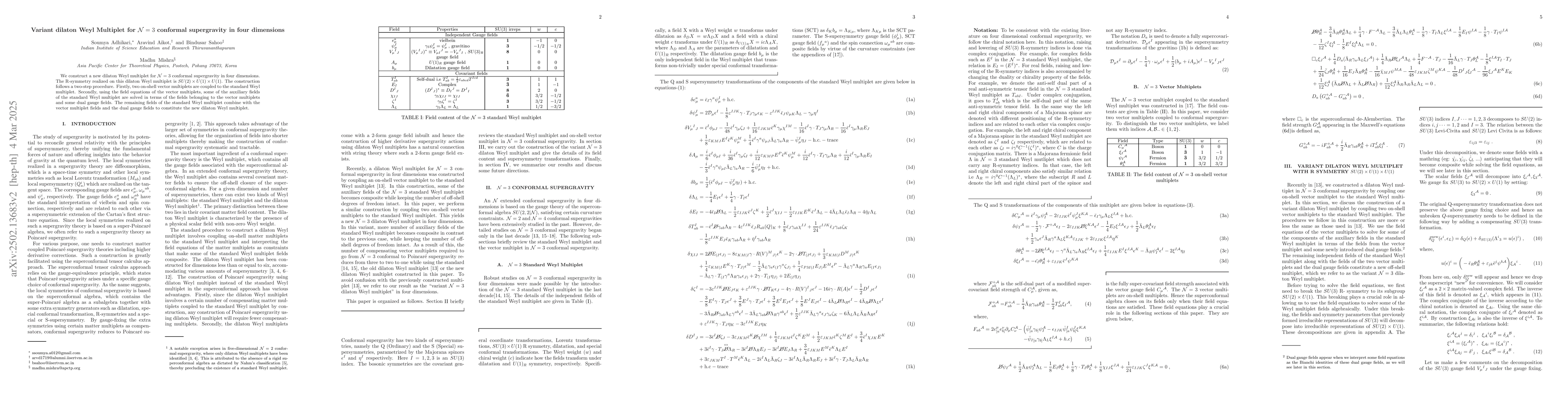 Thumbnail for Variant dilaton Weyl Multiplet for N=3 conformal supergravity in four
  dimensions