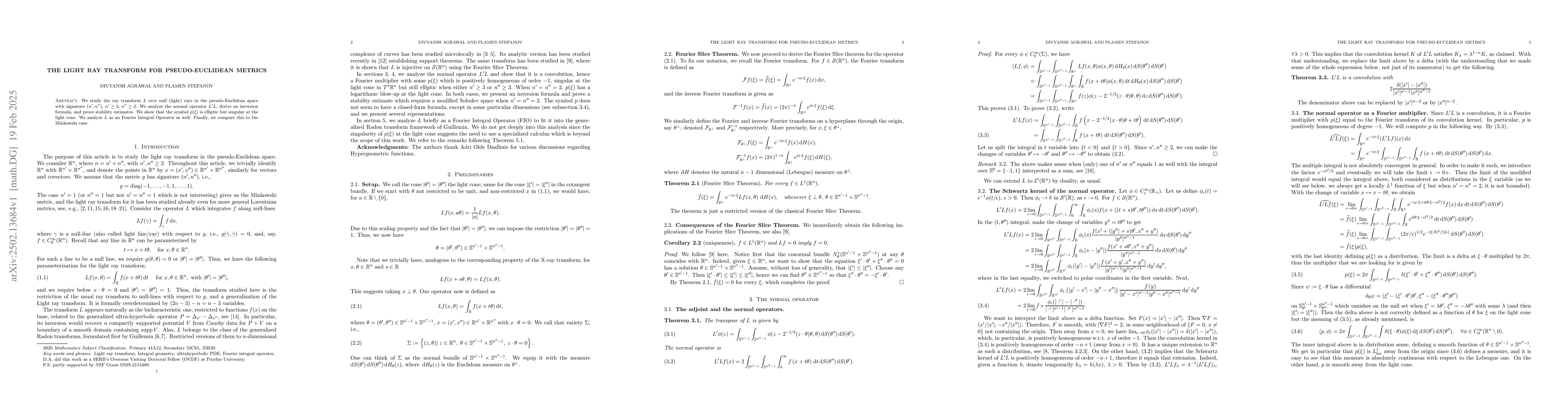 Thumbnail for The Light ray transform for pseudo-Euclidean metrics