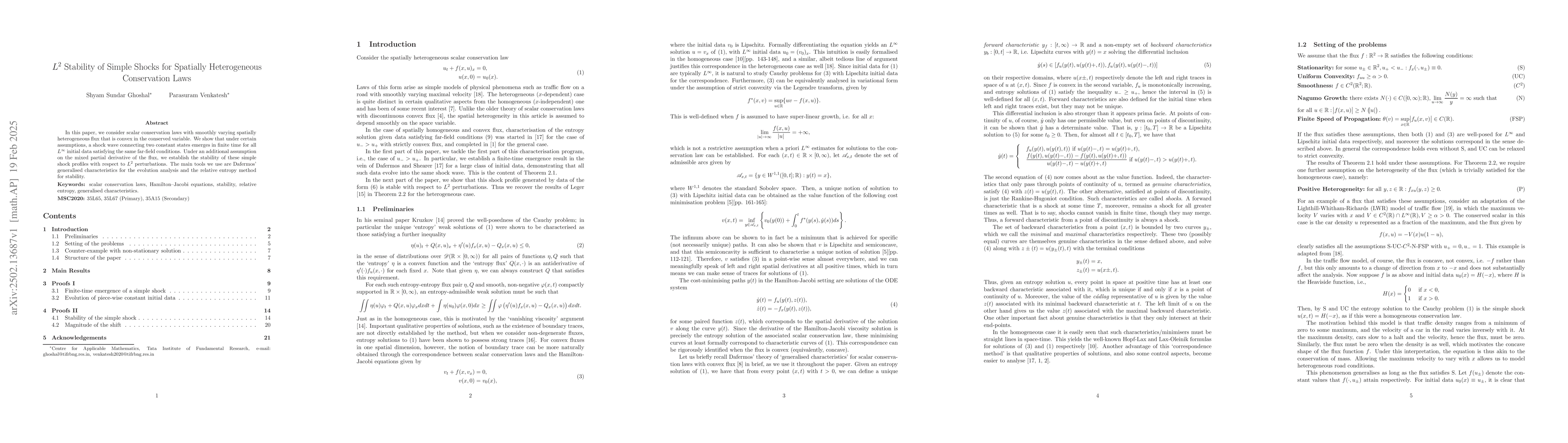 Thumbnail for $L^2$ Stability of Simple Shocks for Spatially Heterogeneous
  Conservation Laws
