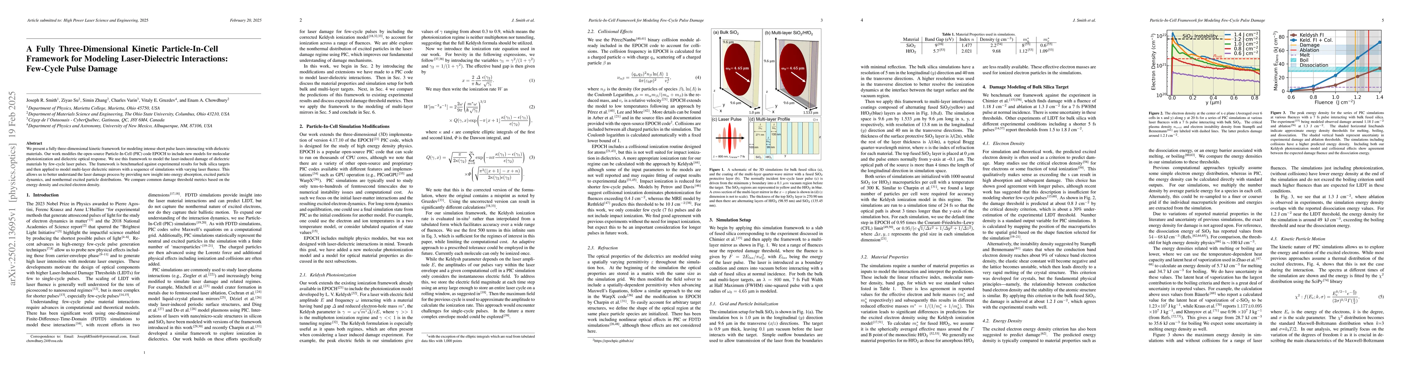 Thumbnail for A Fully Three-Dimensional Kinetic Particle-In-Cell Framework for
  Modeling Laser-Dielectric Interactions: Few-Cycle Pulse Damage