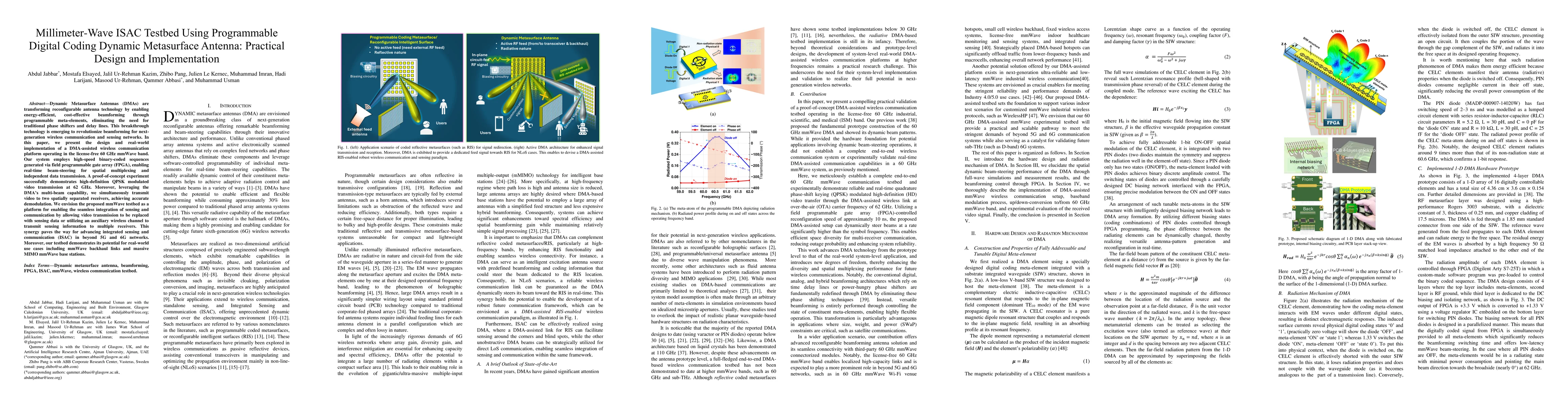 Thumbnail for Millimeter-Wave ISAC Testbed Using Programmable Digital Coding Dynamic
  Metasurface Antenna: Practical Design and Implementation