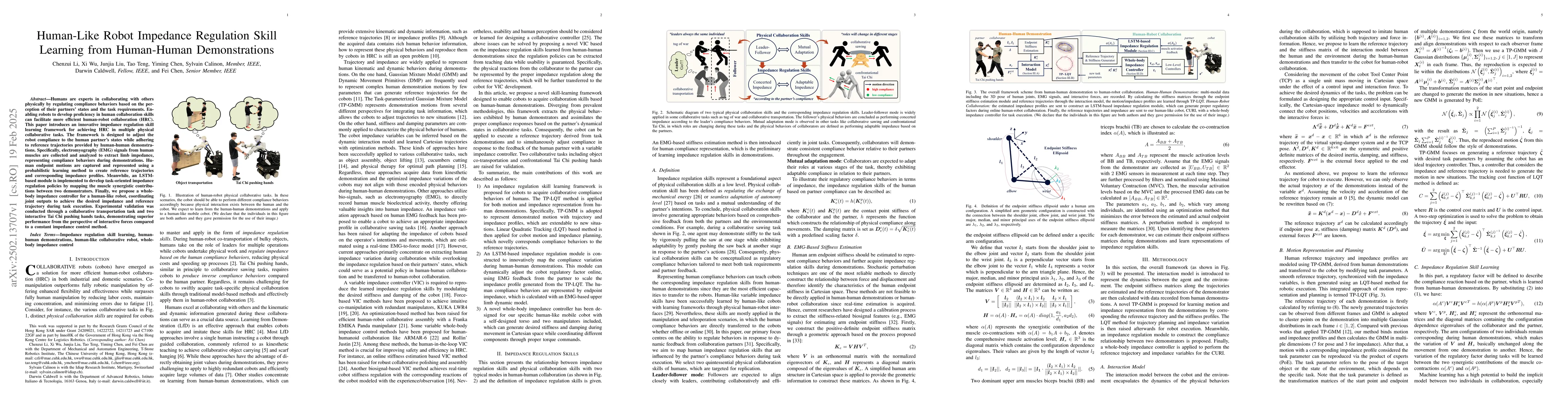 Thumbnail for Human-Like Robot Impedance Regulation Skill Learning from Human-Human
  Demonstrations
