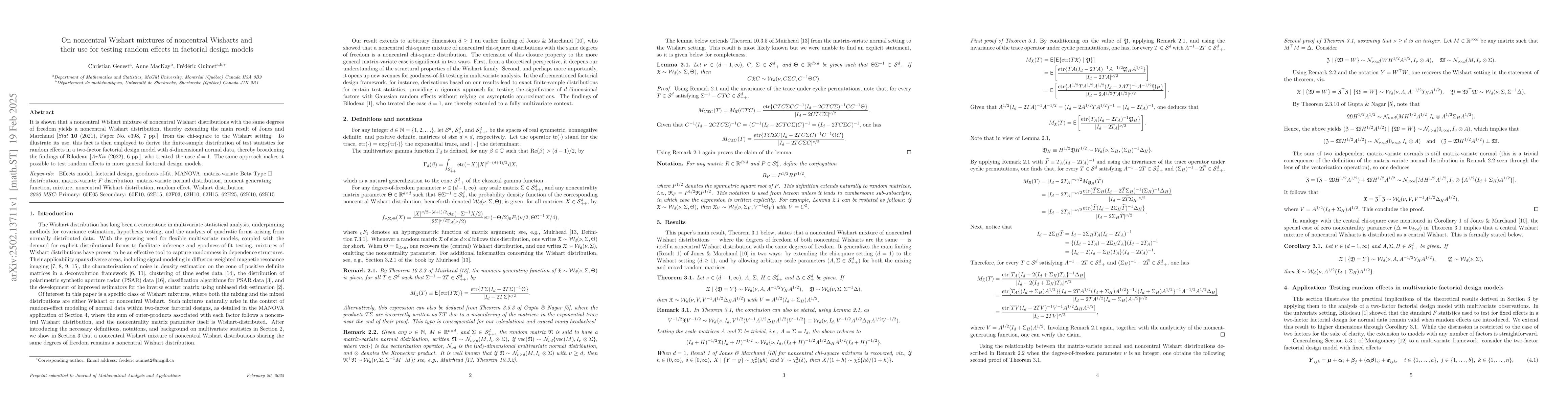 Thumbnail for On noncentral Wishart mixtures of noncentral Wisharts and their use for
  testing random effects in factorial design models
