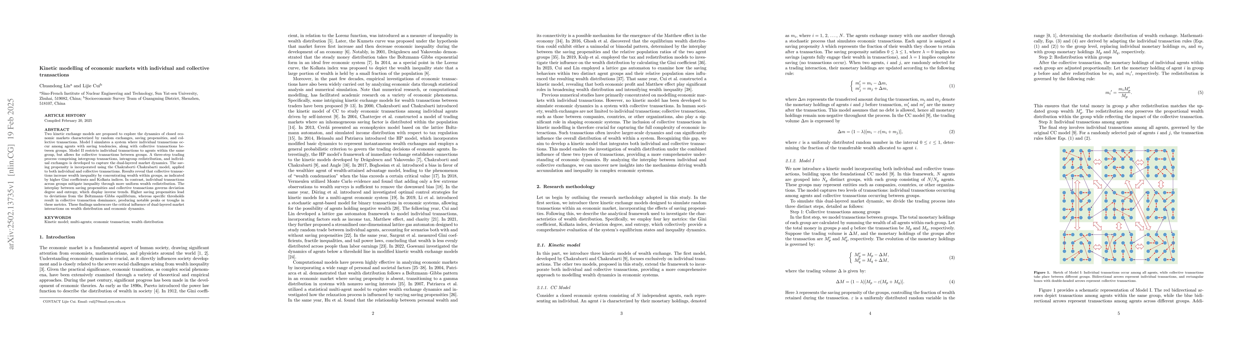 Thumbnail for Kinetic modelling of economic markets with individual and collective
  transactions