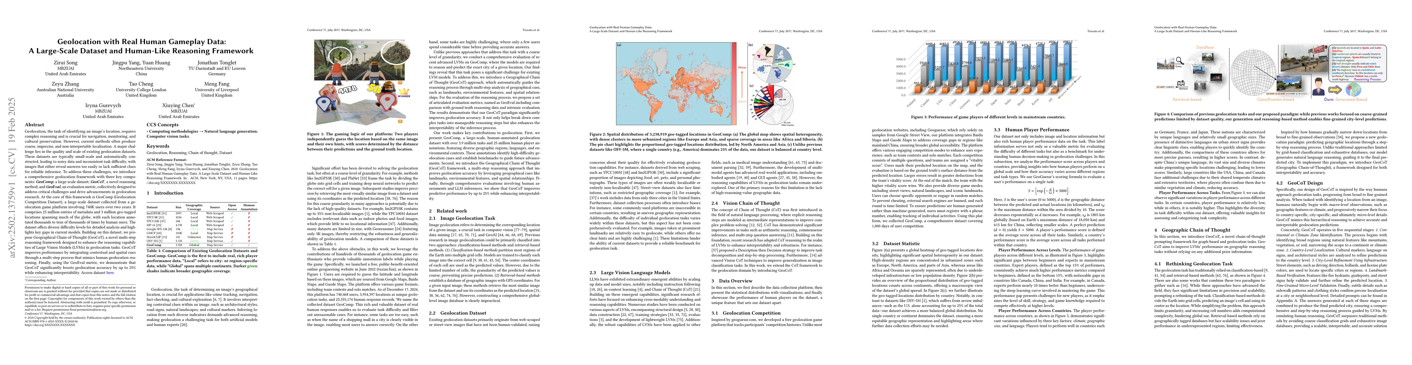 Thumbnail for Geolocation with Real Human Gameplay Data: A Large-Scale Dataset and
  Human-Like Reasoning Framework