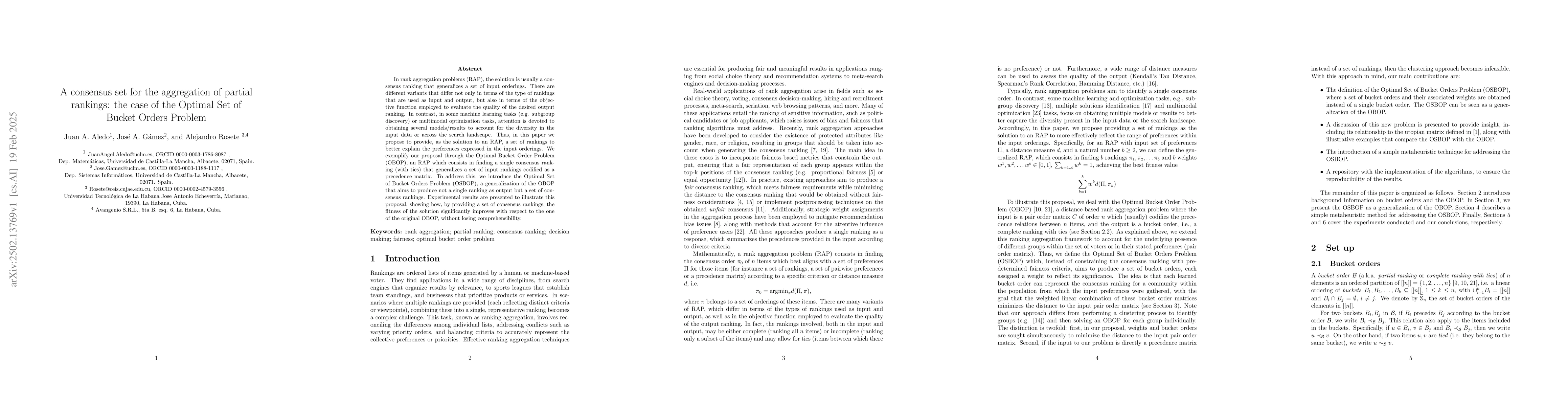 Thumbnail for A consensus set for the aggregation of partial rankings: the case of the
  Optimal Set of Bucket Orders Problem