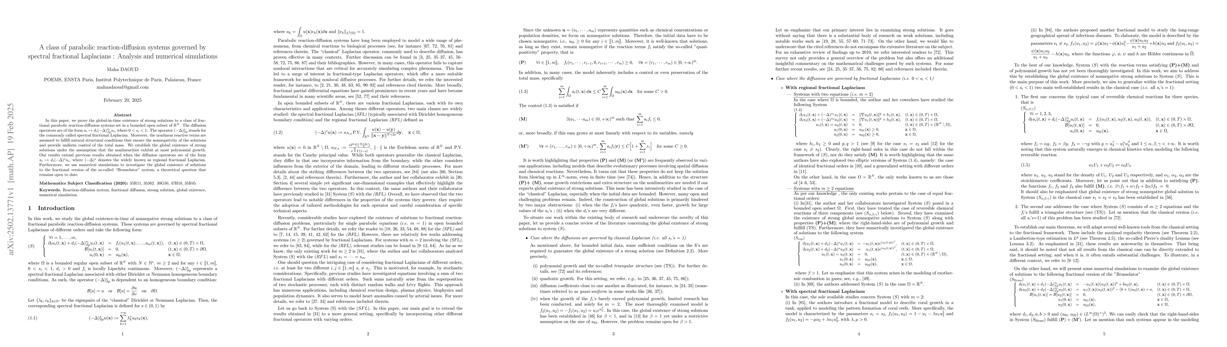 Thumbnail for A class of parabolic reaction-diffusion systems governed by spectral
  fractional Laplacians : Analysis and numerical simulations