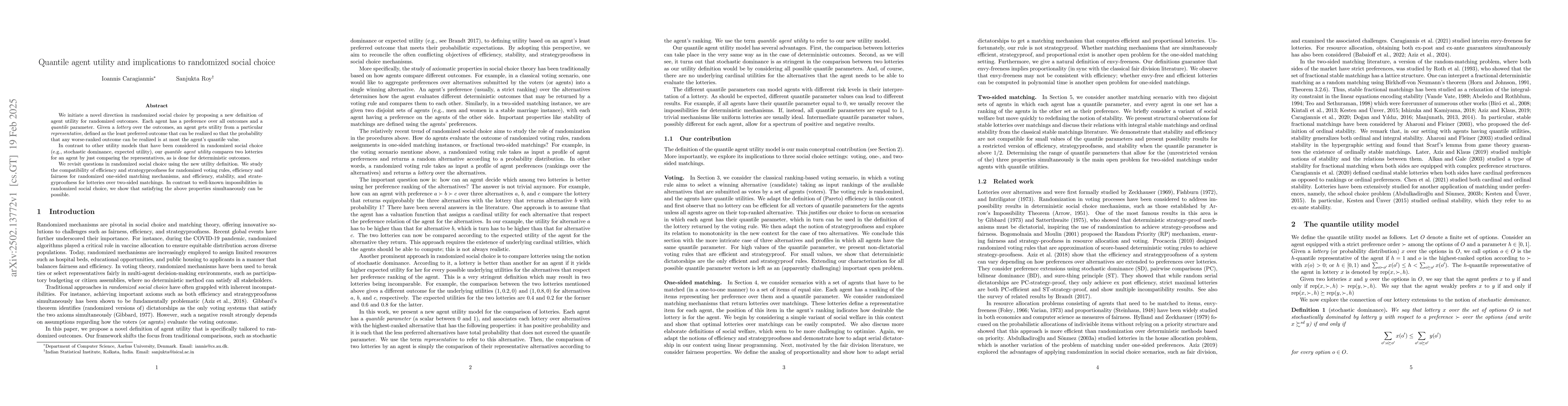 Thumbnail for Quantile agent utility and implications to randomized social choice