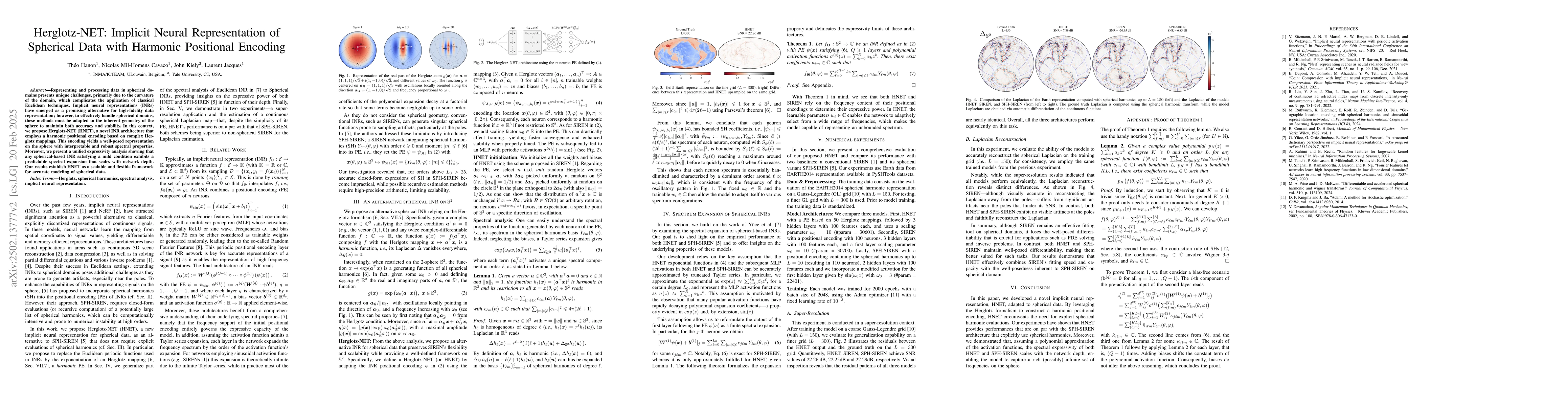 Thumbnail for Herglotz-NET: Implicit Neural Representation of Spherical Data with
  Harmonic Positional Encoding