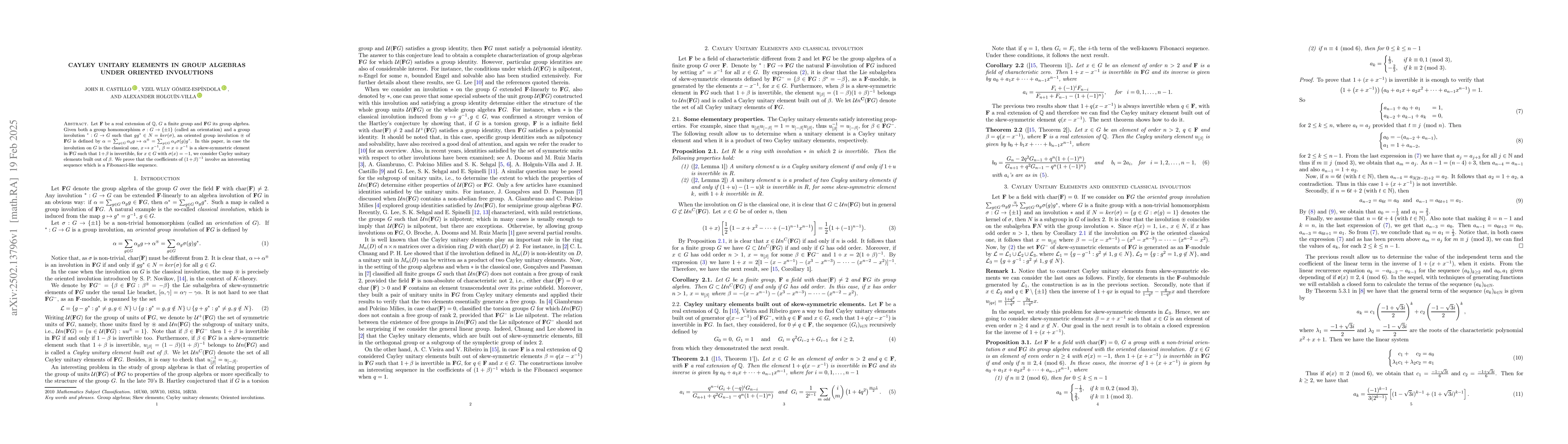 Thumbnail for Cayley unitary elements in group algebras under oriented involutions