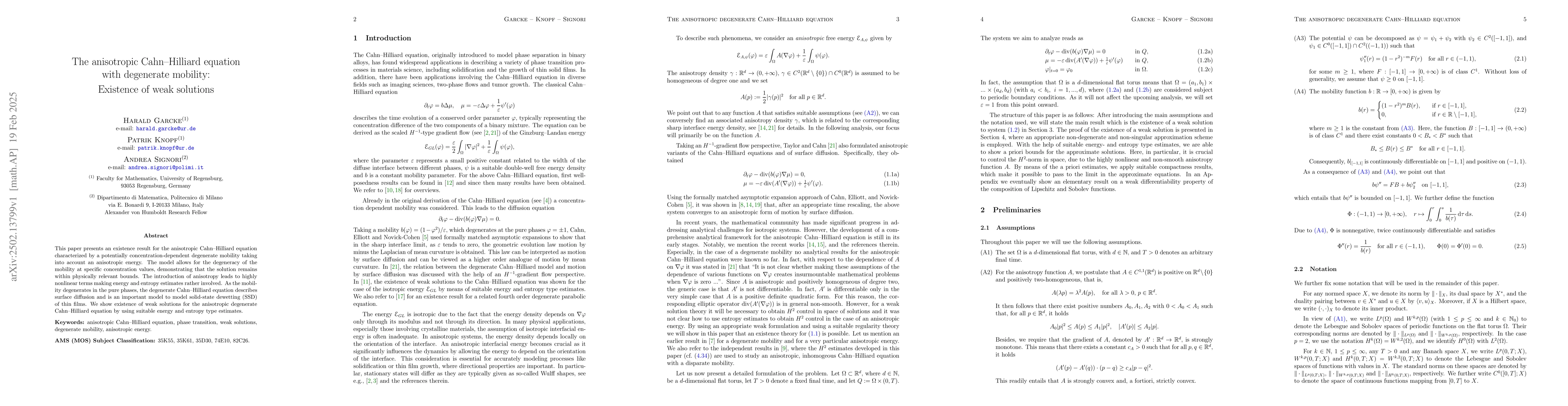 Thumbnail for The anisotropic Cahn--Hilliard equation with degenerate mobility:
  Existence of weak solutions