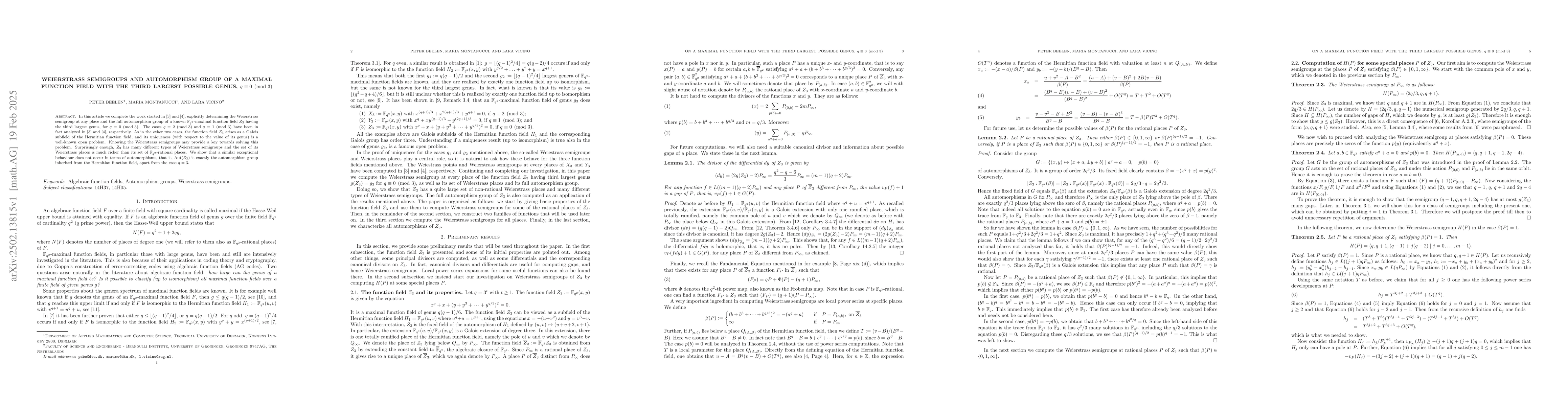 Thumbnail for Weierstrass semigroups and automorphism group of a maximal function
  field with the third largest possible genus, $q \equiv 0 \pmod 3$