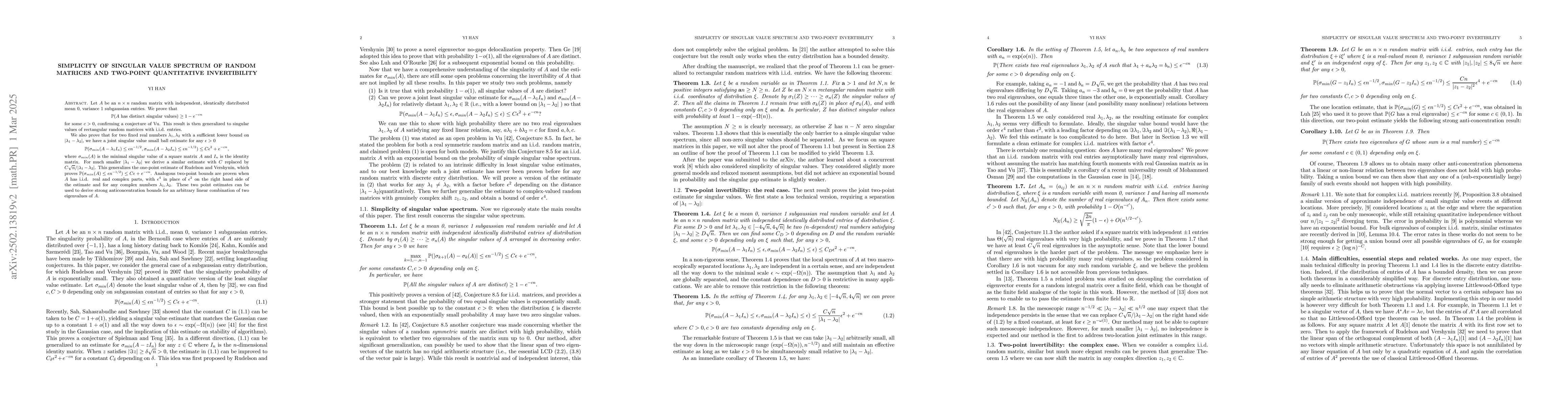Thumbnail for Simplicity of singular value spectrum of random matrices and two-point
  quantitative invertibility