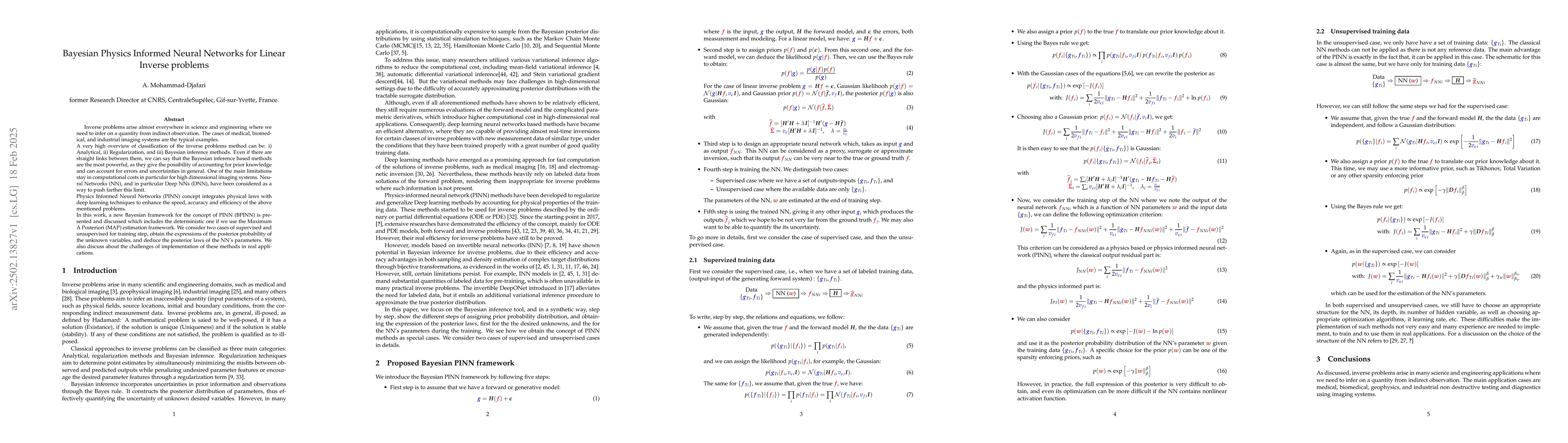 Thumbnail for Bayesian Physics Informed Neural Networks for Linear Inverse problems