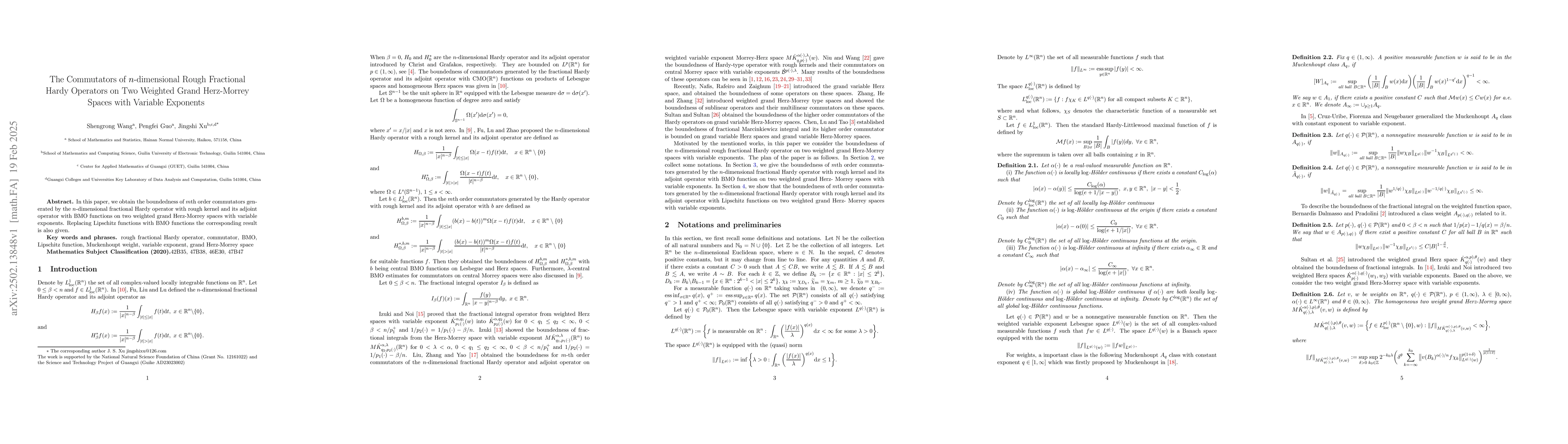 Thumbnail for The Commutators of $n$-dimensional Rough Fractional Hardy Operators on
  Two Weighted Grand Herz-Morrey Spaces with Variable Exponents