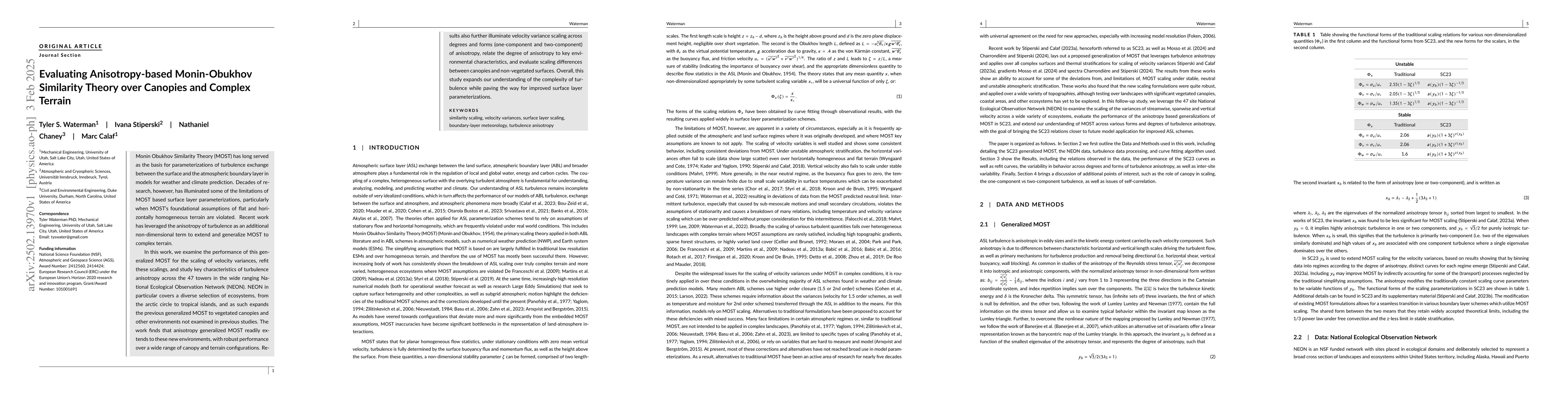 Thumbnail for Evaluating Anisotropy-based Monin-Obukhov Similarity Theory over
  Canopies and Complex Terrain