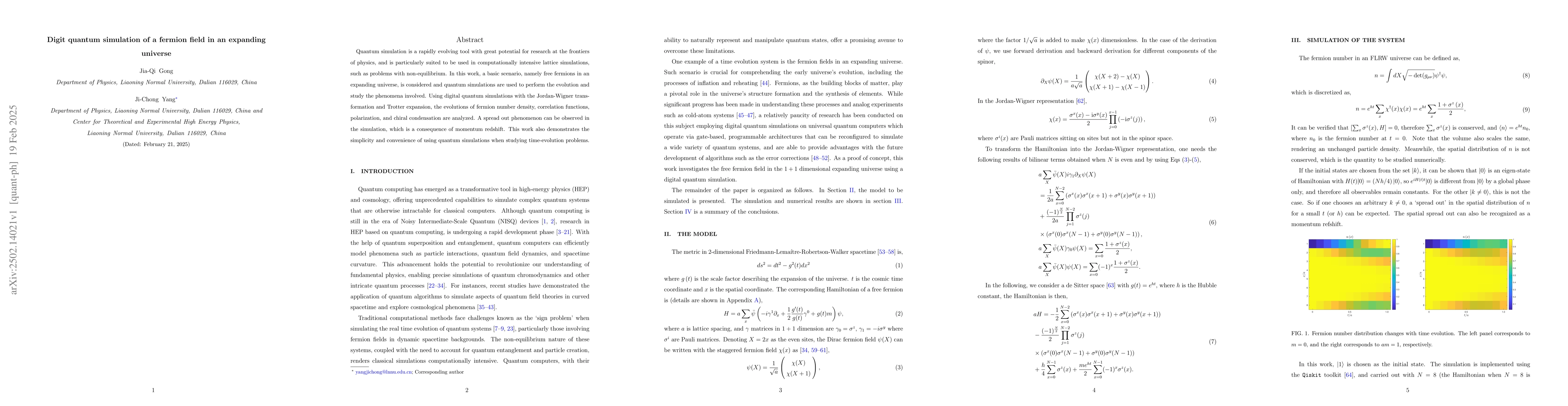 Thumbnail for Digit quantum simulation of a fermion field in an expanding universe