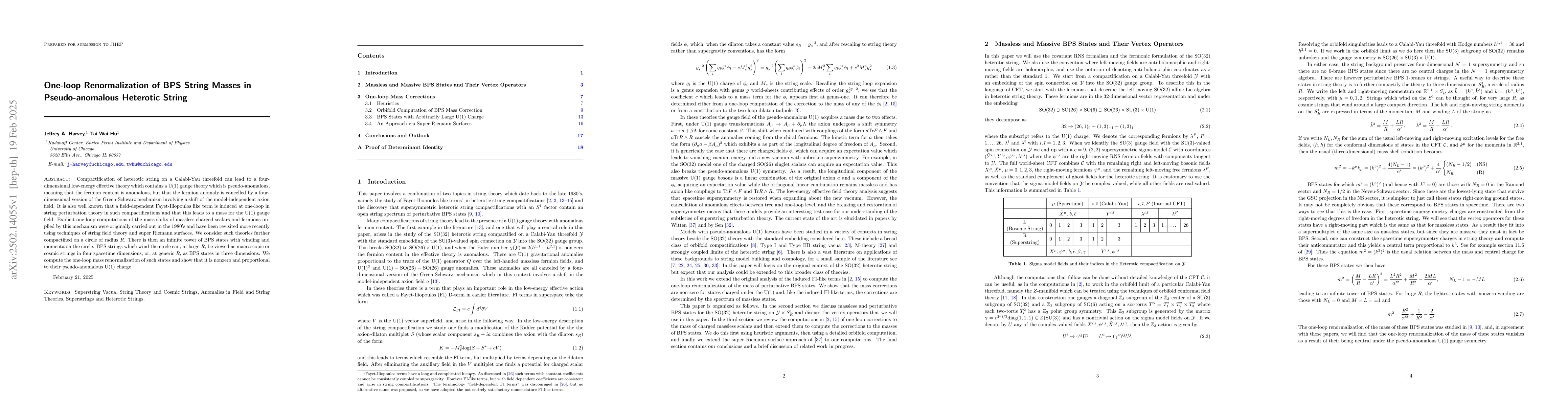 Thumbnail for One-loop Renormalization of BPS String Masses in Pseudo-anomalous
  Heterotic String
