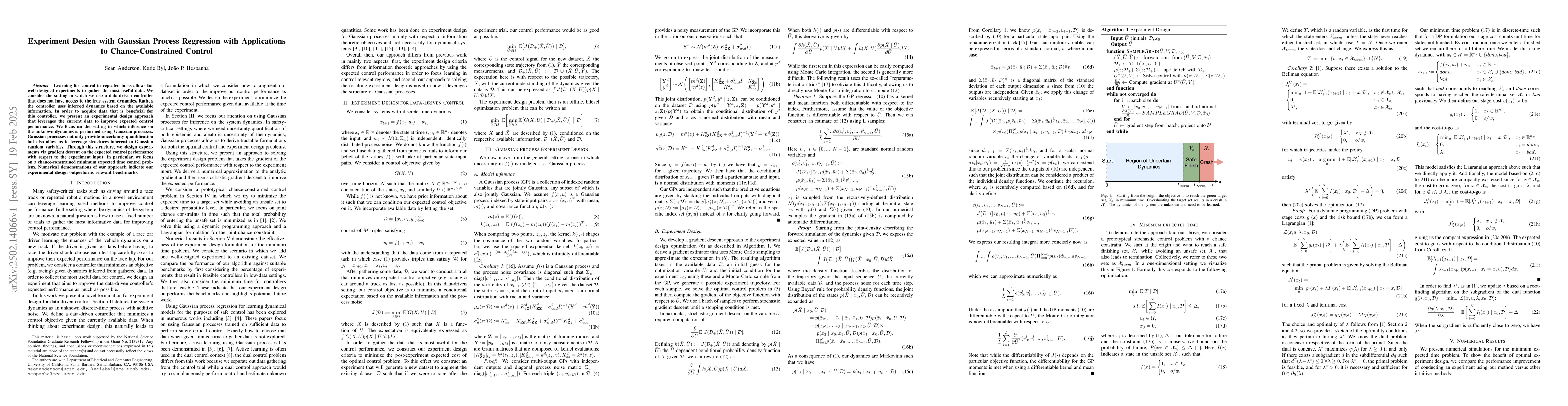 Thumbnail for Experiment Design with Gaussian Process Regression with Applications to
  Chance-Constrained Control
