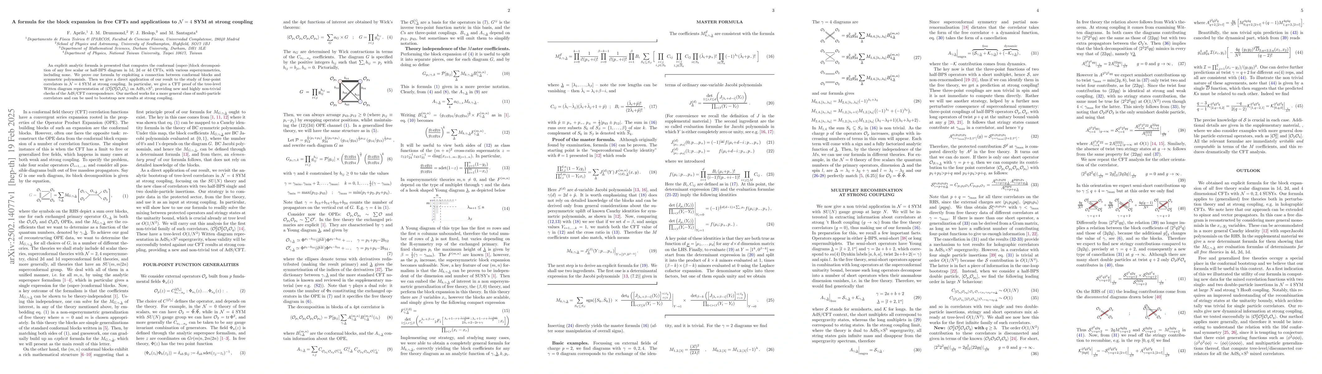 Thumbnail for A formula for the block expansion in free CFTs and applications to
  ${\cal N}=4$ SYM at strong coupling