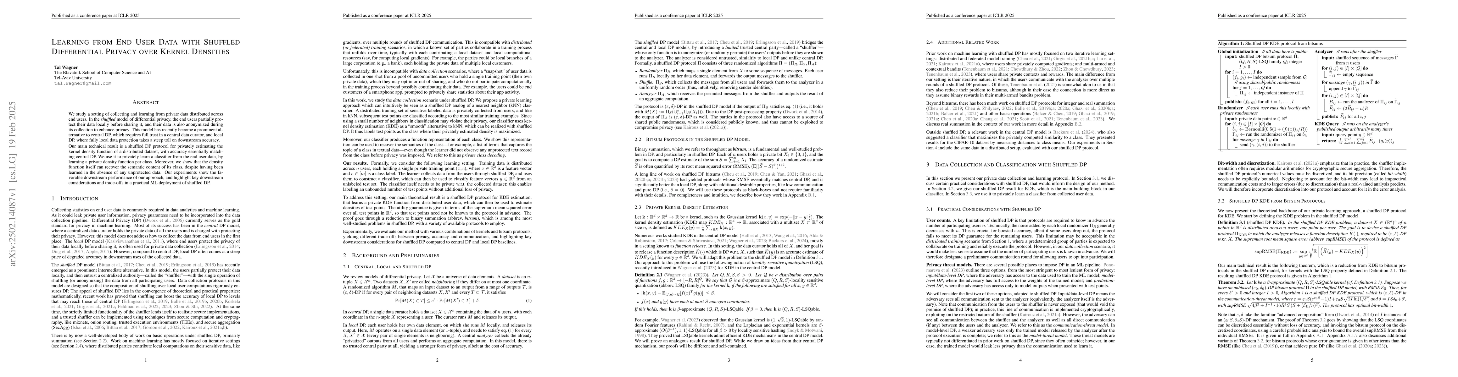 Thumbnail for Learning from End User Data with Shuffled Differential Privacy over
  Kernel Densities