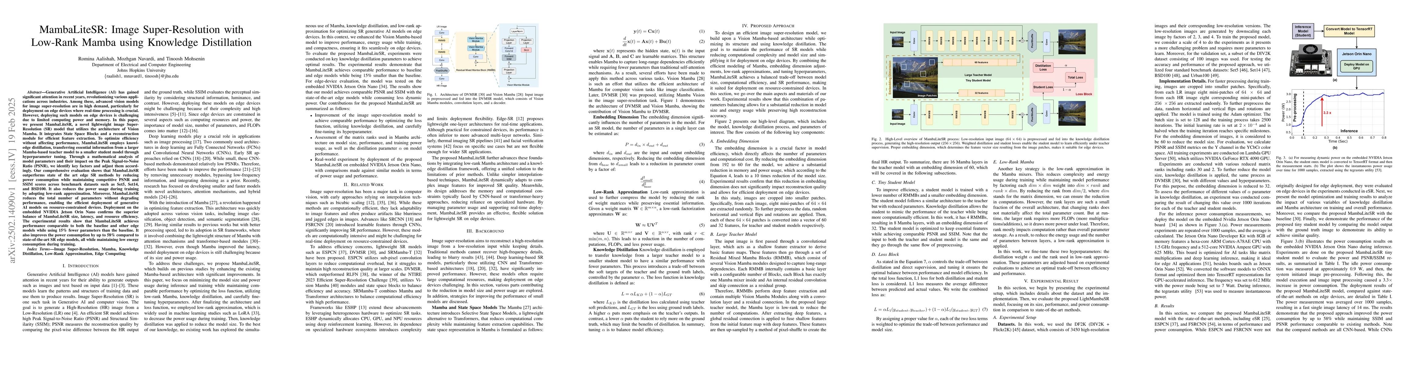 Thumbnail for MambaLiteSR: Image Super-Resolution with Low-Rank Mamba using Knowledge
  Distillation