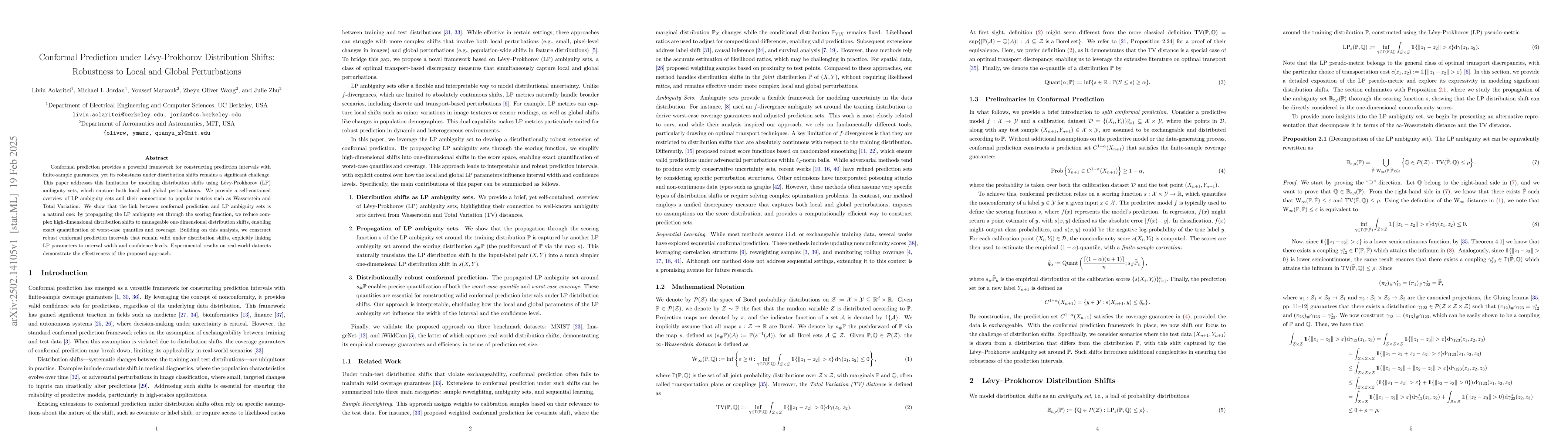 Thumbnail for Conformal Prediction under Lévy-Prokhorov Distribution Shifts:
  Robustness to Local and Global Perturbations