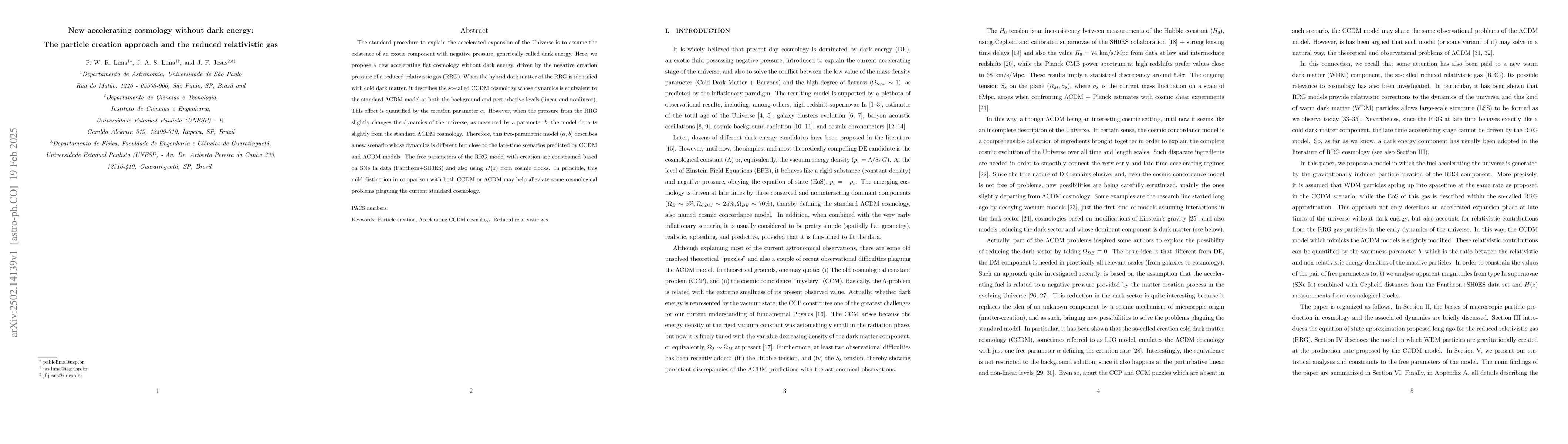 Thumbnail for New accelerating cosmology without dark energy: The particle creation
  approach and the reduced relativistic gas