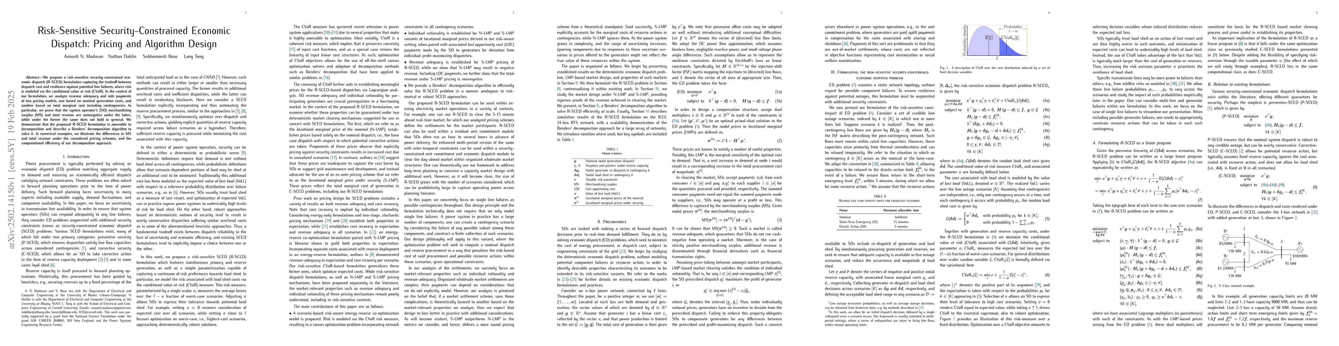 Thumbnail for Risk-Sensitive Security-Constrained Economic Dispatch: Pricing and
  Algorithm Design