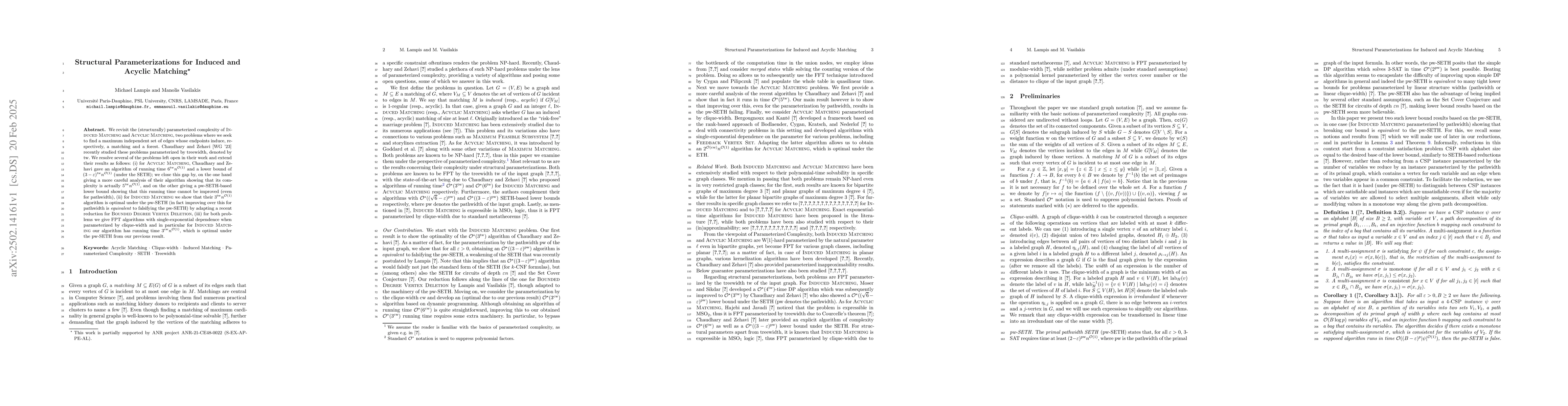 Thumbnail for Structural Parameterizations for Induced and Acyclic Matching