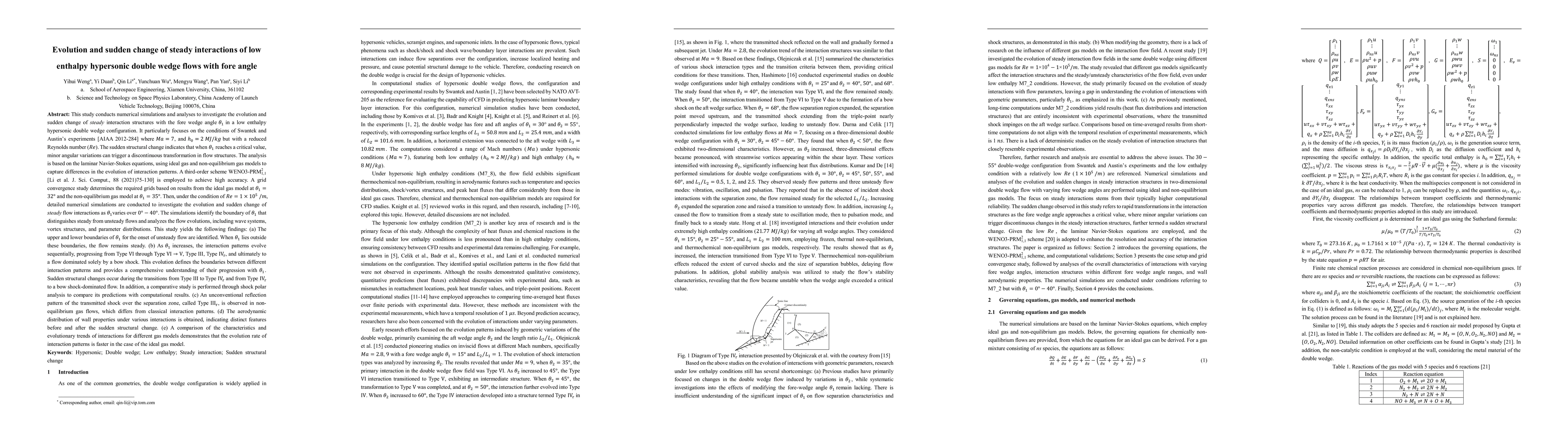 Thumbnail for Evolution and sudden change of steady interactions of low enthalpy
  hypersonic double wedge flows with fore angle