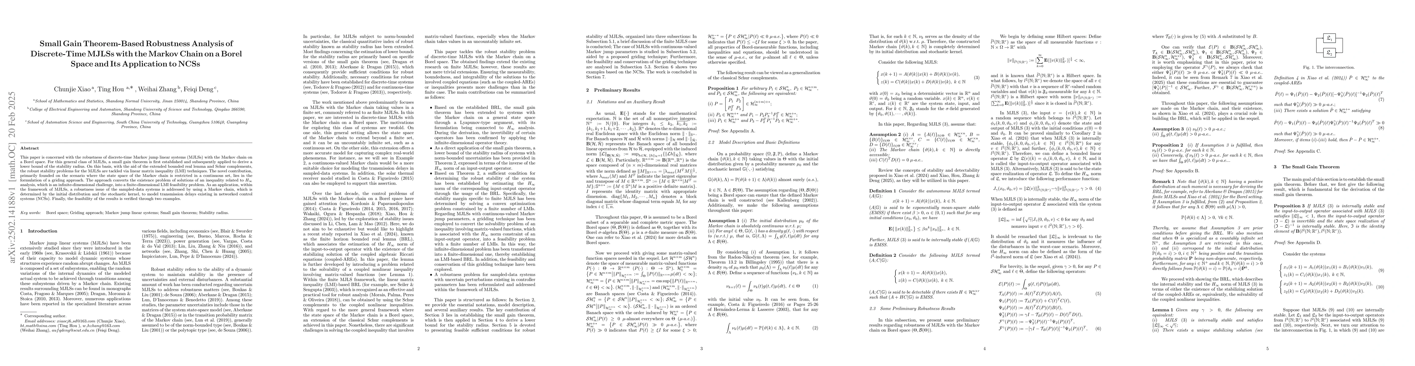 Thumbnail for Small Gain Theorem-Based Robustness Analysis of Discrete-Time MJLSs with
  the Markov Chain on a Borel Space and Its Application to NCSs
