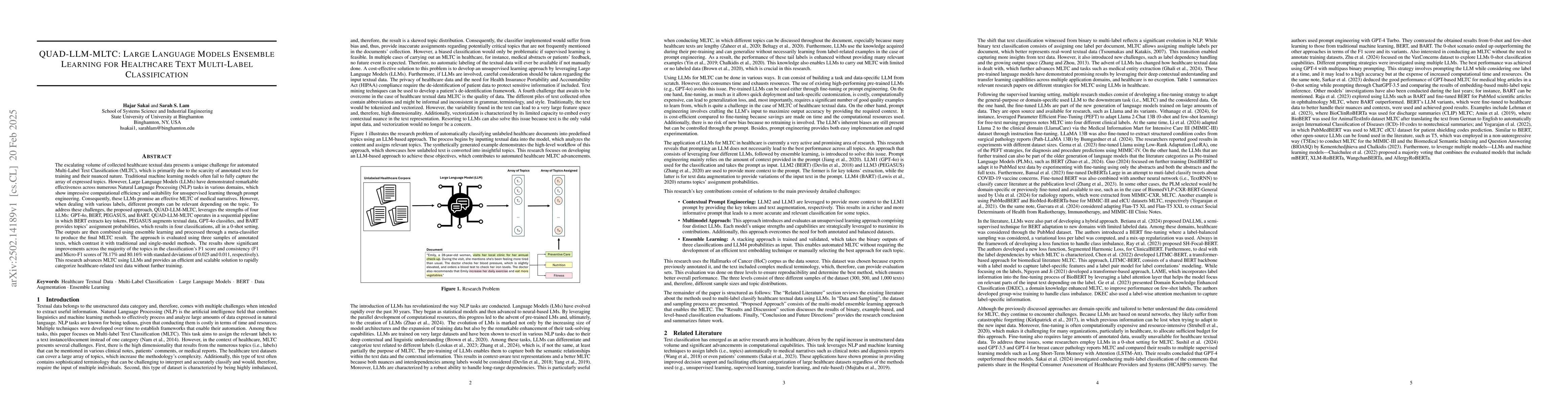 Thumbnail for QUAD-LLM-MLTC: Large Language Models Ensemble Learning for Healthcare
  Text Multi-Label Classification