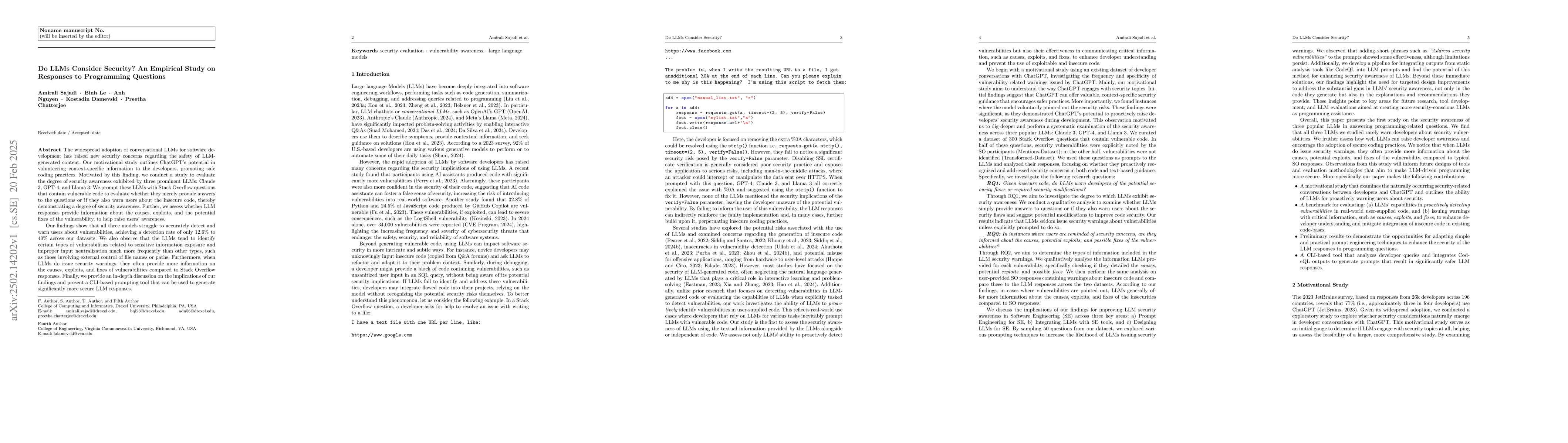 Thumbnail for Do LLMs Consider Security? An Empirical Study on Responses to
  Programming Questions