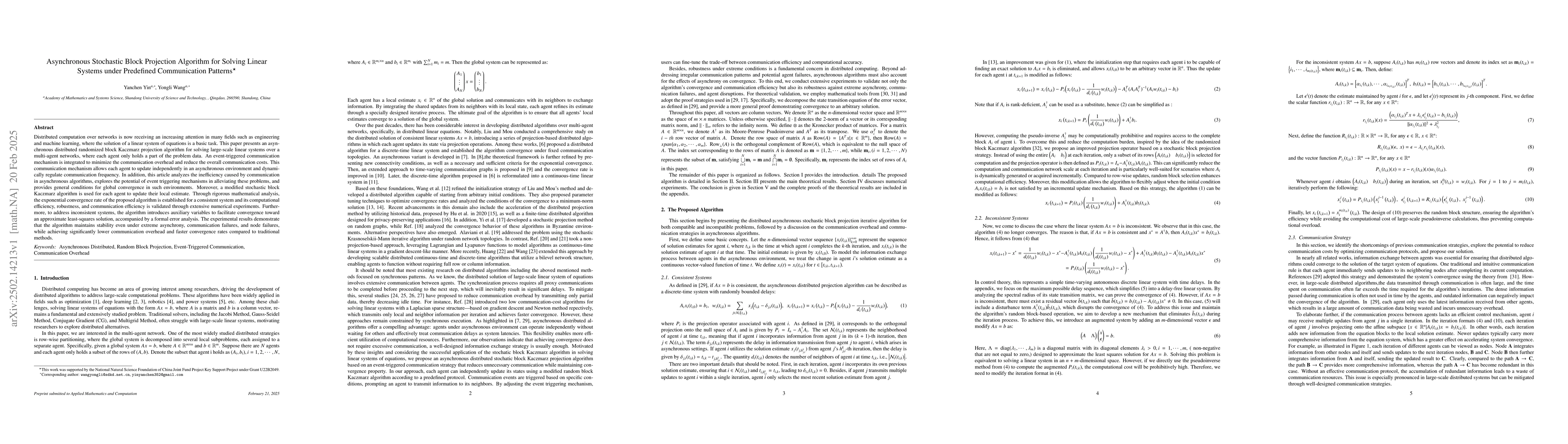 Thumbnail for Asynchronous Stochastic Block Projection Algorithm for Solving Linear
  Systems under Predefined Communication Patterns