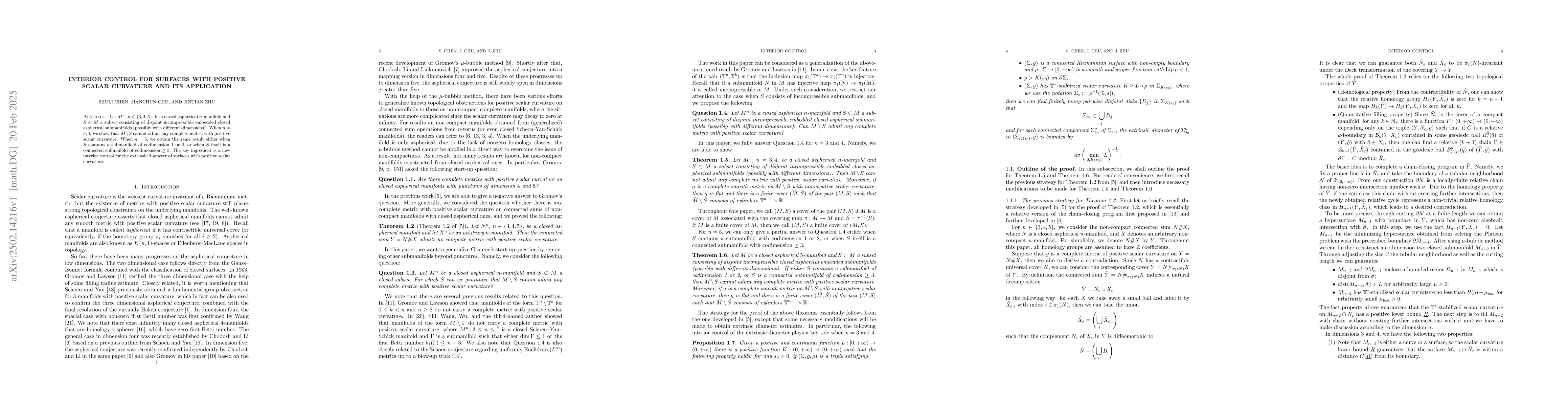 Thumbnail for Interior control for surfaces with positive scalar curvature and its
  application