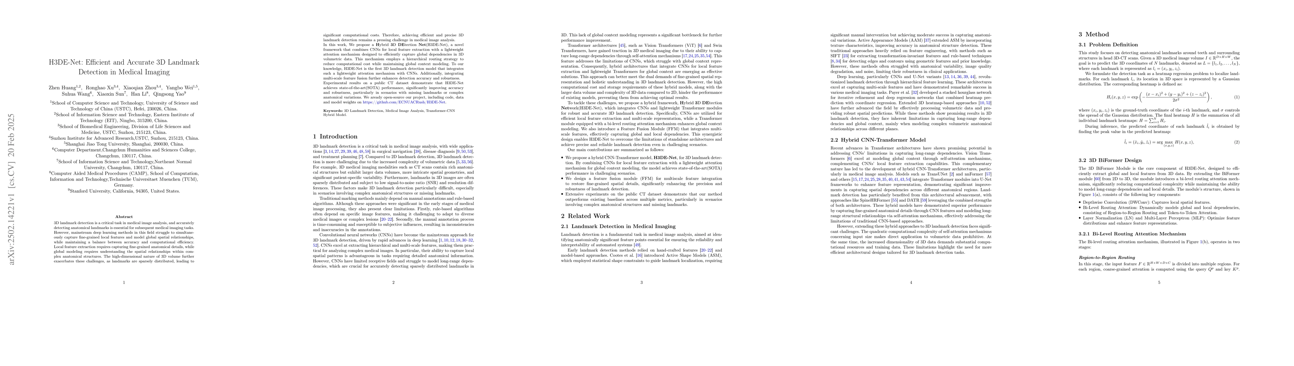 Thumbnail for H3DE-Net: Efficient and Accurate 3D Landmark Detection in Medical
  Imaging