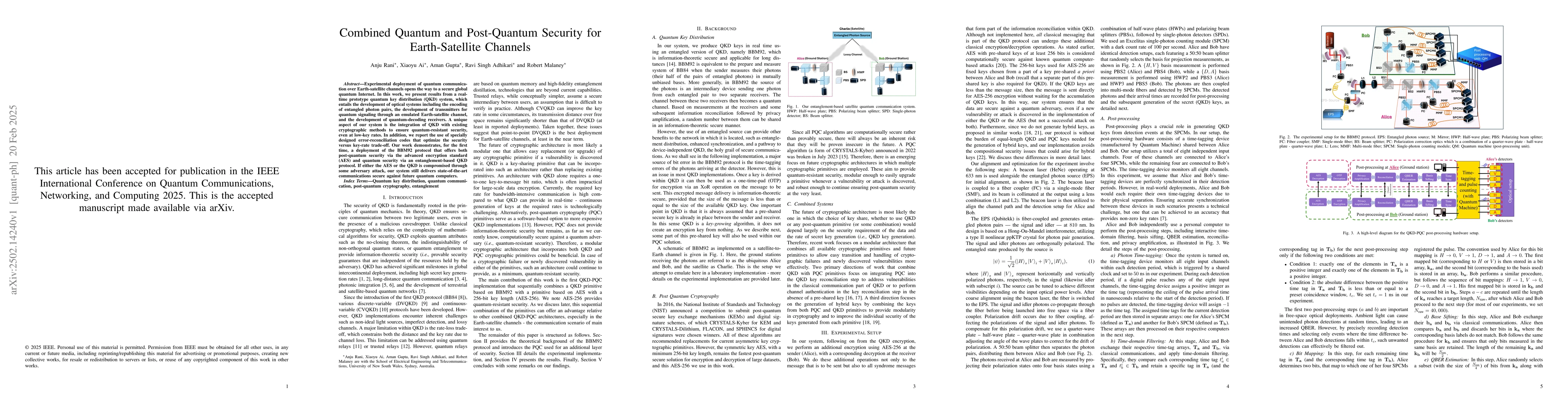 Thumbnail for Combined Quantum and Post-Quantum Security for Earth-Satellite Channels