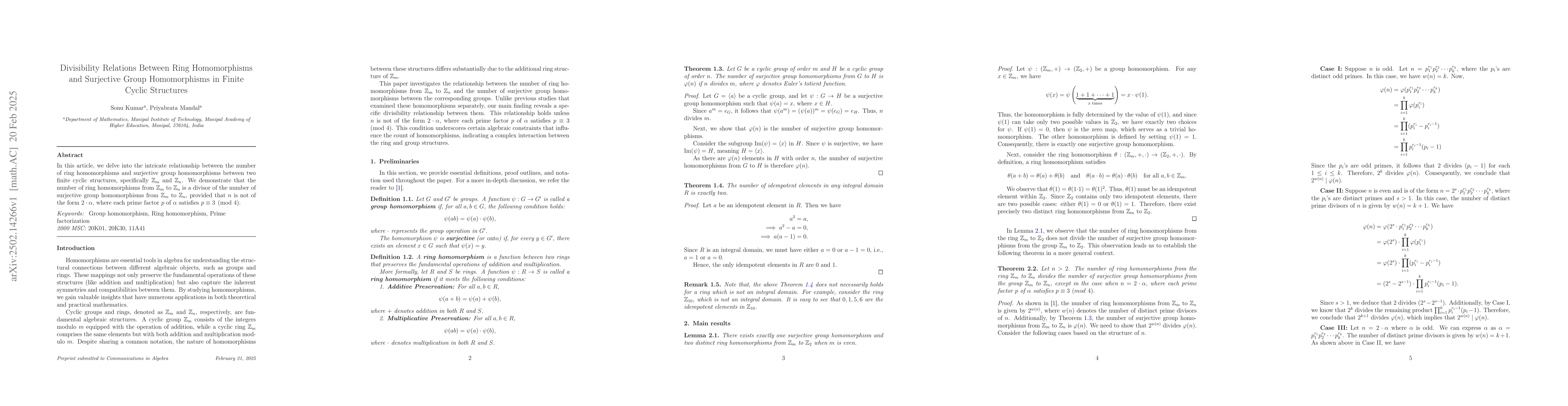 Thumbnail for Divisibility Relations Between Ring Homomorphisms and Surjective Group
  Homomorphisms in Finite Cyclic Structures