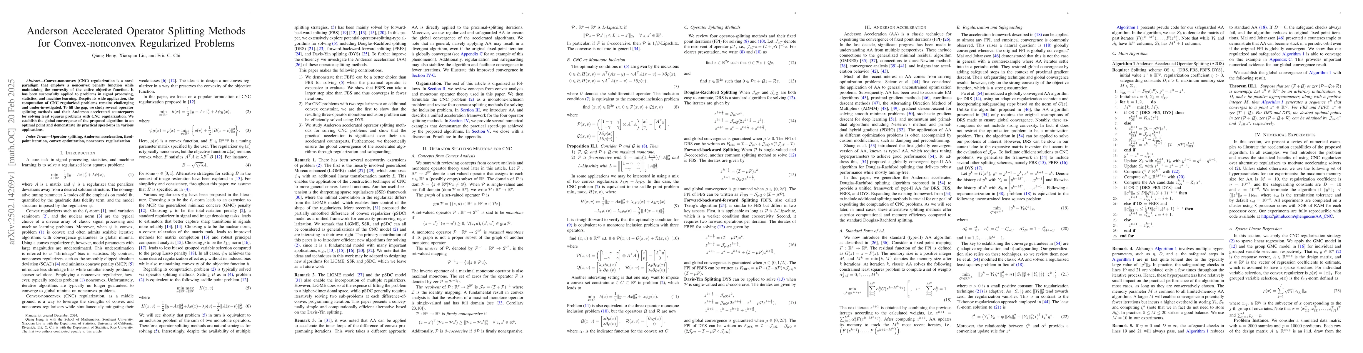 Thumbnail for Anderson Accelerated Operator Splitting Methods for Convex-nonconvex
  Regularized Problems